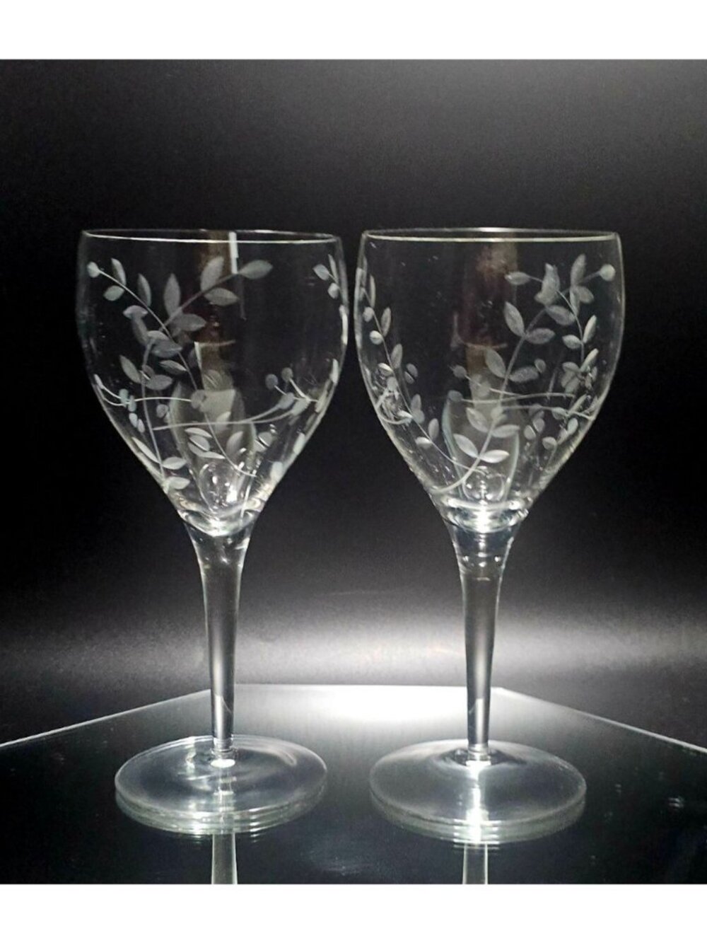 2 Colony Claridge Water Goblet 7.5" etched plant crystal blown glass romantic vt
